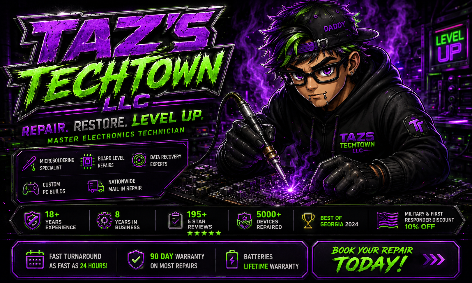 Taz's Tech Town branded electronics repair hero banner